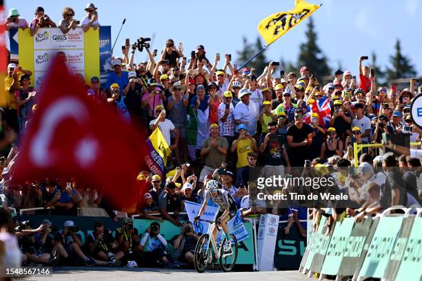 Stage winner Wout Poels of The Netherlands and Team Bahrain Victorious crosses the finish line during the stage fifteen of the 110th Tour de France...