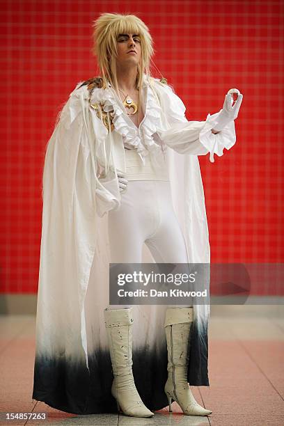 John Kennedy 19, from Dublin poses as Jareth from Labyrinth ahead of the MCM London Comic Con Expo at ExCel on October 26, 2012 in London, England....