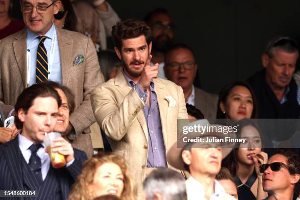 Actor, Andrew Garfield is seen in the crowd during the Men's Singles Final against Novak Djokovic of Serbia on day fourteen of The Championships...