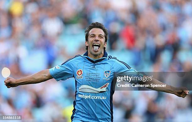 Alessandro del Piero of Sydney FC celebrates kicking a penalty goal in his 800th professional match during the round four A-League match between...