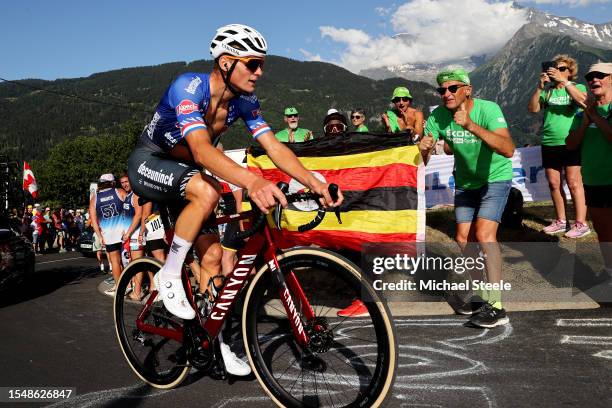 Mathieu Van Der Poel of The Netherlands and Team Alpecin-Deceuninck competes while fans cheer during the stage fifteen of the 110th Tour de France...