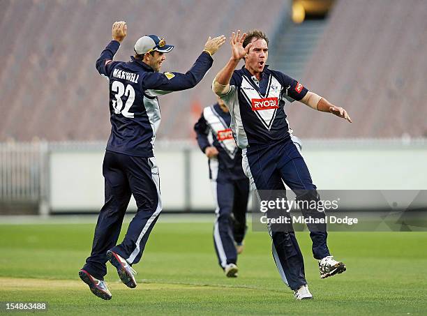 John Hastings celebrates with Glenn Maxwell after bowling and dismissing Ricky Ponting of the Tigers during the Ryobi One Day Cup match between...