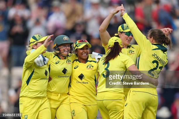 The Australia players celebrate their victory over England during the Women's Ashes 2nd We Got Game ODI match between England and Australia at Ageas...