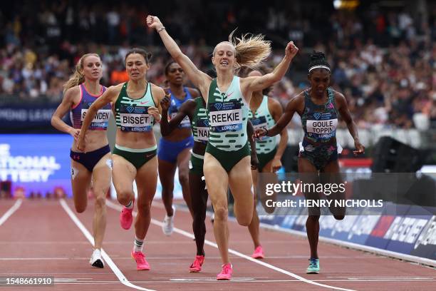 Britain's Jemma Reekie celebrates winning the women's 800m event during the IAAF Diamond League athletics meeting at the London Stadium in the...