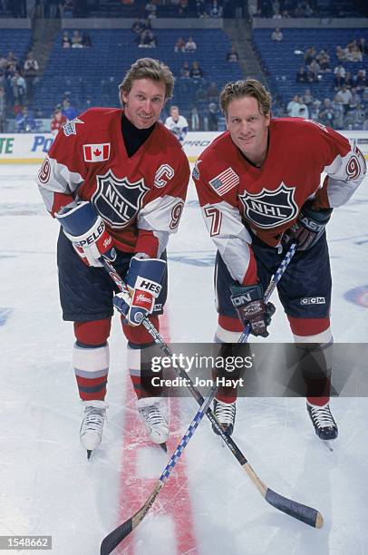 Wayne Gretzky of the New York Rangers poses for a picture with teammate Jeremy Roenick of the Phoenix Coyotes and both from North America before the...