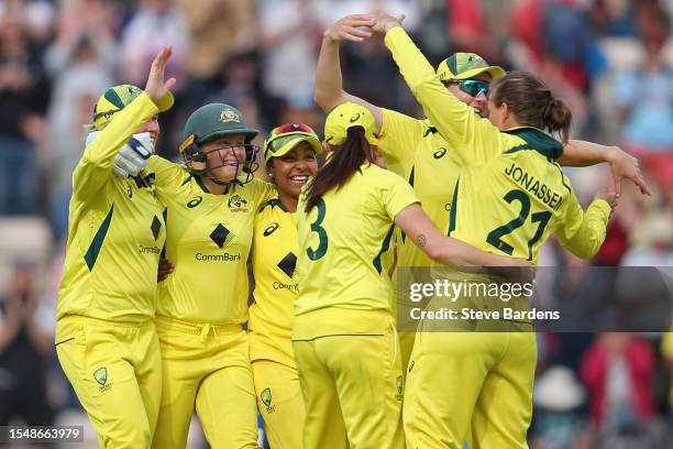 The Australia players celebrate their victory over England during the Women's Ashes 2nd We Got Game ODI match between England and Australia at Ageas...