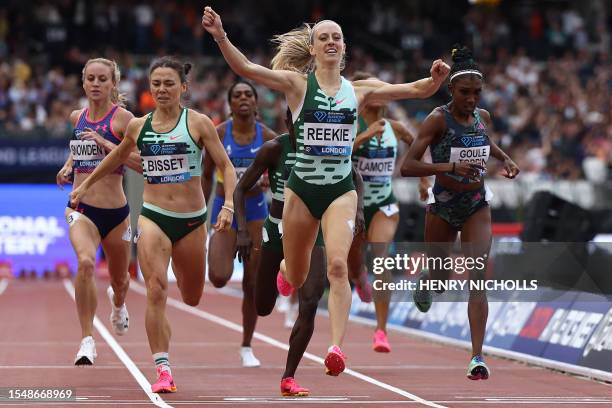 Britain's Jemma Reekie celebrates winning the women's 800m event during the IAAF Diamond League athletics meeting at the London Stadium in the...