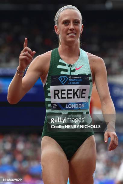 Britain's Jemma Reekie celebrates winning the women's 800m event during the IAAF Diamond League athletics meeting at the London Stadium in the...