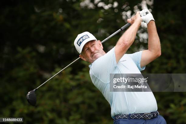 Jeff Maggert of the United States plays his shot from the second tee during the final round of the Kaulig Companies Championship at Firestone Country...