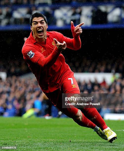 Luis Suarez of Liverpool celebrates after scoring the opening goal during the Barclays Premier League match between Everton and Liverpool at Goodison...