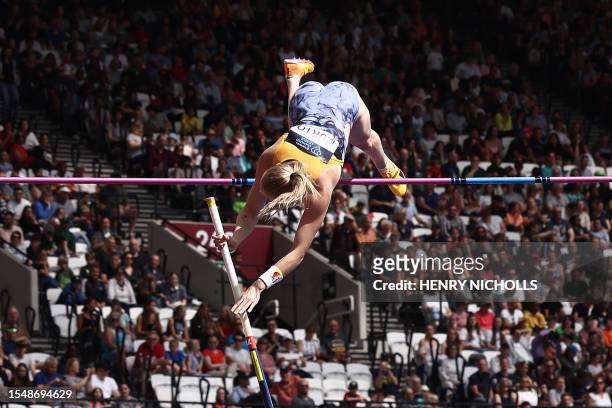Finland's Wilma Murto competes in the women's pole vault event during the IAAF Diamond League athletics meeting at the London Stadium in the...
