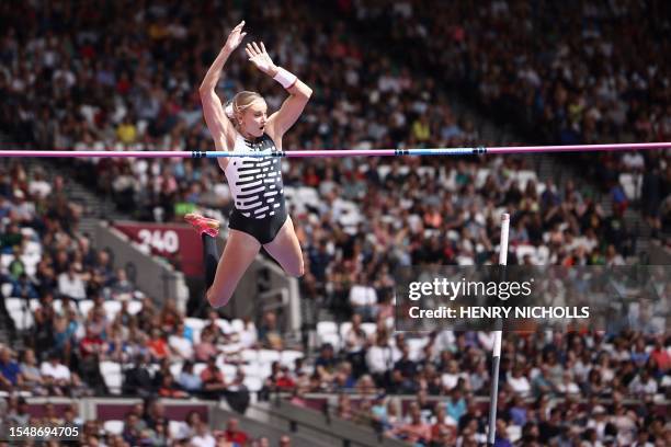 S Katie Moon competes in the women's pole vault event during the IAAF Diamond League athletics meeting at the London Stadium in the Stratford...