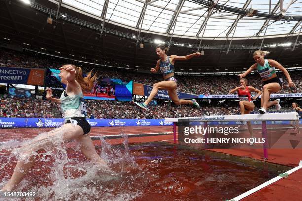 Britain's Aimee Pratt, Spain's Irene Sanchez-Escribano, France's Flavie Renouard and Poland's Alicja Konieczek compete in the women's 3000m...