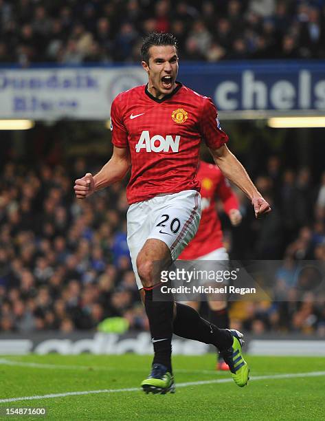 Robin van Persie of Manchester United celebrates scoring the second goal during the Barclays Premier League match between Chelsea and Manchester...