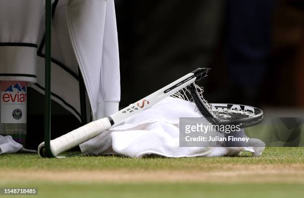 Detailed view of Novak Djokovic of Serbia's smashed racket during the Men's Singles Final against Carlos Alcaraz of Spain on day fourteen of The...