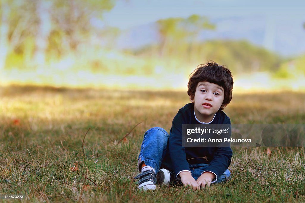 Boy sitting on meadow