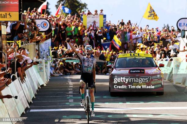 Wout Poels of The Netherlands and Team Bahrain Victorious celebrates at finish line as stage winner during the stage fifteen of the 110th Tour de...