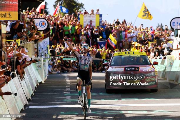 Wout Poels of The Netherlands and Team Bahrain Victorious celebrates at finish line as stage winner during the stage fifteen of the 110th Tour de...