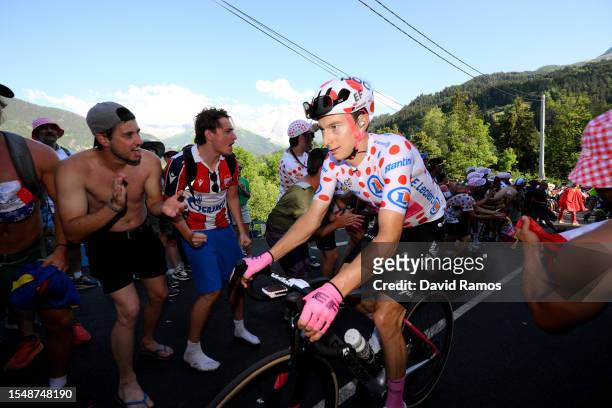 Neilson Powless of The United States and Team EF Education-EasyPost - Polka Dot Mountain Jersey competes during the stage fifteen of the 110th Tour...