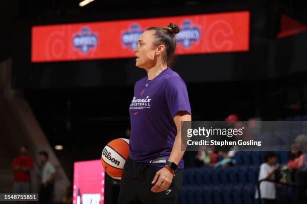 Assistant Coach Tully Bevilaqua of the Phoenix Mercury warms up before the game against the Washington Mystics on July 23, 2023 at Entertainment and...