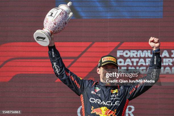 Max Verstappen of the Netherlands and Oracle Red Bull Racing celebrates on the podium during the F1 Grand Prix of Hungary at Hungaroring on July 23,...