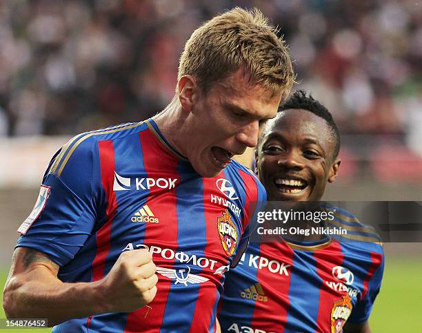 Pontus Wernbloom and Ahmed Musa of PFC CSKA Moscow celebrate a goal during the Russian Football League Championship match between FC Terek and PFC...