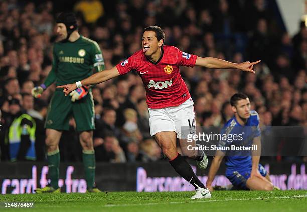 Javier Hernandez of Manchester United celebrates his goal during the Barclays Premier League match between Chelsea and Manchester United at Stamford...