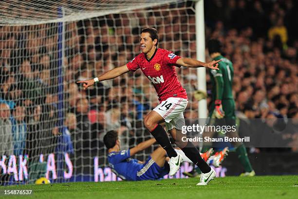 Javier Hernandez of Manchester United celebrates his goal during the Barclays Premier League match between Chelsea and Manchester United at Stamford...