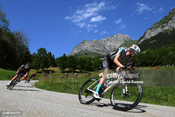 Wout Poels of The Netherlands and Team Bahrain Victorious competes climbing down the Col de la Forclaz de Montmin during the stage fifteen of the...