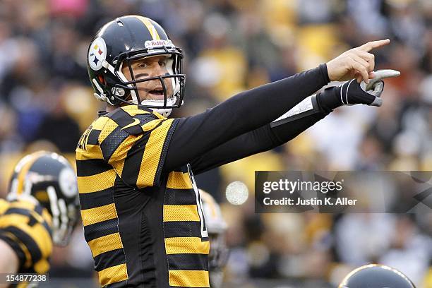 Ben Roethlisberger of the Pittsburgh Steelers directs the offense against the Washington Redskins during the game on October 28, 2012 at Heinz Field...