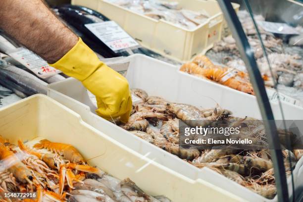 the shrimp vendor's hand rubber glove hand at the fish market - mollusco foto e immagini stock