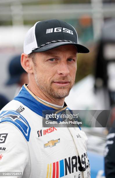 Jenson Button prepares to drive the NASCAR Garage 56 car up the 1.16 mile hill climb during Day 4 of the Goodwood Festival of Speed at Goodwood on...