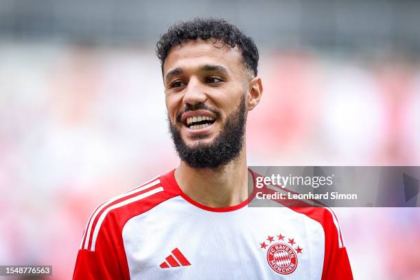 Noussair Mazraoui during the team presentation of FC Bayern Muenchen at Allianz Arena on July 23, 2023 in Munich, Germany.