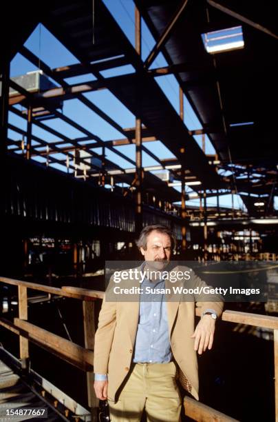 Portrait of Canadian-American architect Frank Gehry as he poses at the construction site of one of his buildings, California, January 1980.