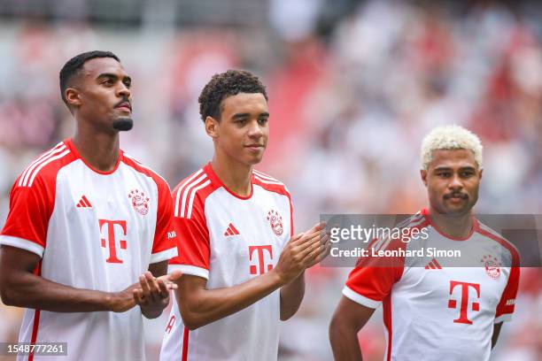 Ryan Gravenberch , Jamal Musiala, and Serge Gnabry during the team presentation of FC Bayern Muenchen at Allianz Arena on July 23, 2023 in Munich,...