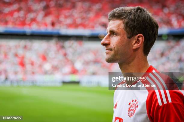 Thomas Müller during the team presentation of FC Bayern Muenchen at Allianz Arena on July 23, 2023 in Munich, Germany.