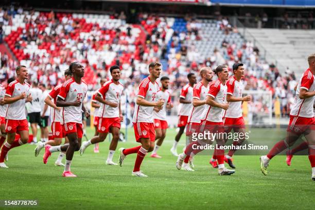 Players at a public training session during the team presentation of FC Bayern Muenchen at Allianz Arena on July 23, 2023 in Munich, Germany.