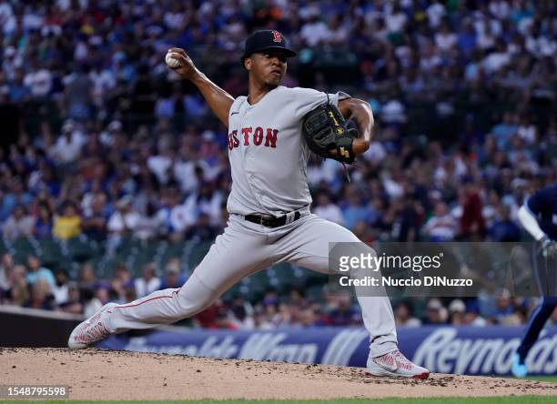 Brayan Bello of the Boston Red Sox throws a pitch against the Chicago Cubs at Wrigley Field on July 14, 2023 in Chicago, Illinois.