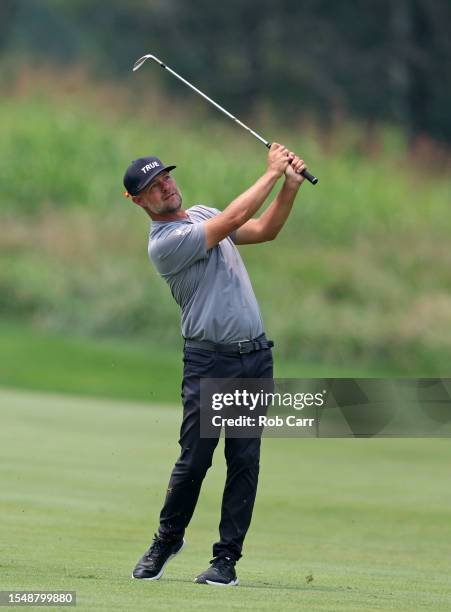 Ryan Moore of the United States plays a second shot on the fifth hole during the final round of the Barbasol Championship at Keene Trace Golf Club on...