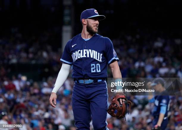 Miles Mastrobuoni of the Chicago Cubs smiles during a game against the Boston Red Sox at Wrigley Field on July 14, 2023 in Chicago, Illinois.