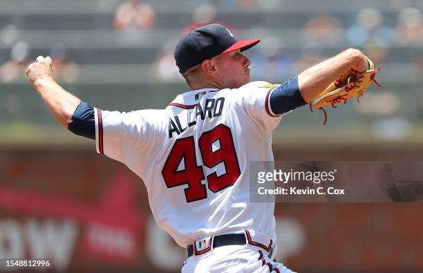 Kolby Allard of the Atlanta Braves pitches in the first inning against the Chicago White Sox at Truist Park on July 16, 2023 in Atlanta, Georgia.