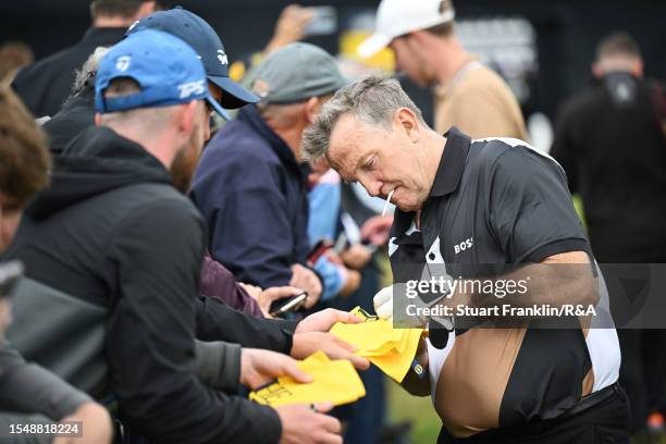 Television Presenter, Bradley Walsh signs autographs during The Open Invitational prior to The 151st Open at Royal Liverpool Golf Club on July 16,...