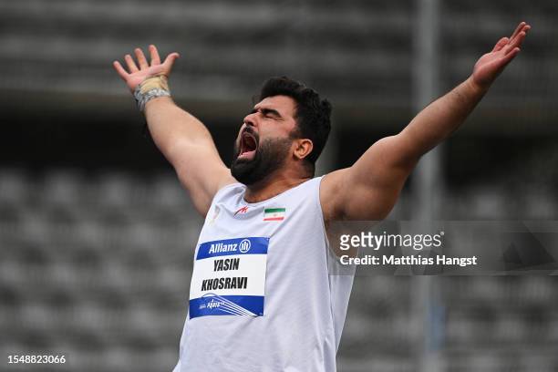 Yasin Khosravi of Iran celebrates after winning the Men's Shot Put F57 Final during Day Nine of the Para Athletics World Championships Paris 2023 at...