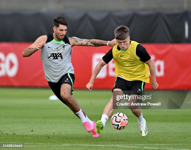 Ben Doak and Dominik Szoboszlai of Liverpool during a training session on July 16, 2023 in UNSPECIFIED, Germany.