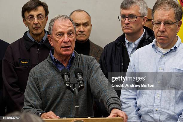 New York City Mayor Michael Bloomberg speaks to members of the media at Seward Park High School, which is doubling as an evacuation center, in...
