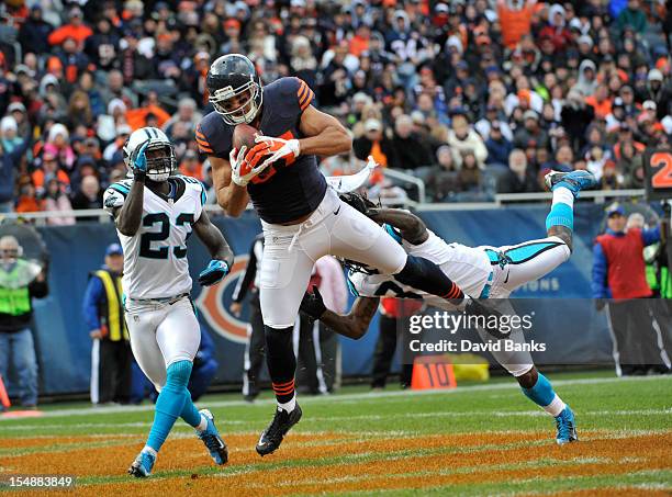 Kellen Davis of the Chicago Bears catches a touchdown pass as Charles Godfrey of the Carolina Panthers and Sherrod Martin defend him on October 28,...