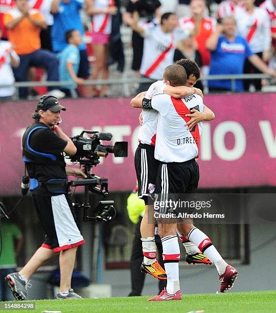 Rodrigo Mora and David Trezeguet of River Plate celebrates a scored goal against Boca Juniors during a match between Boca Juniors and River Plate as...