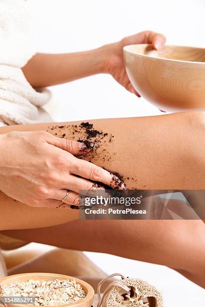 natural body care. homemade. organic anti cellulite massage. coffee. oats. - animal body part stock pictures, royalty-free photos & images