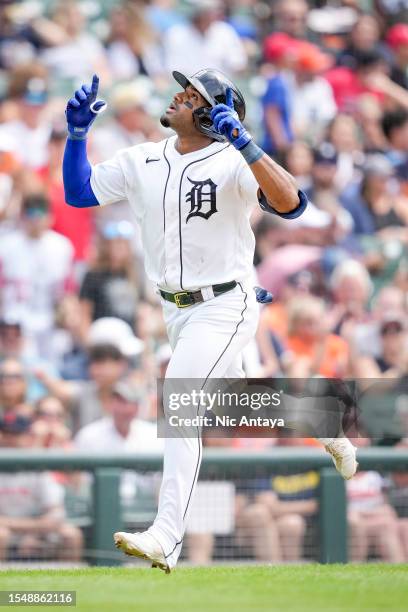 Andy Ibanez of the Detroit Tigers celebrates a home run against the San Diego Padres during the bottom of the third inning at Comerica Park on July...