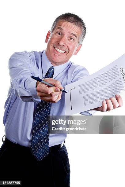 pushy salesman with contract isolated on white - assertive stockfoto's en -beelden